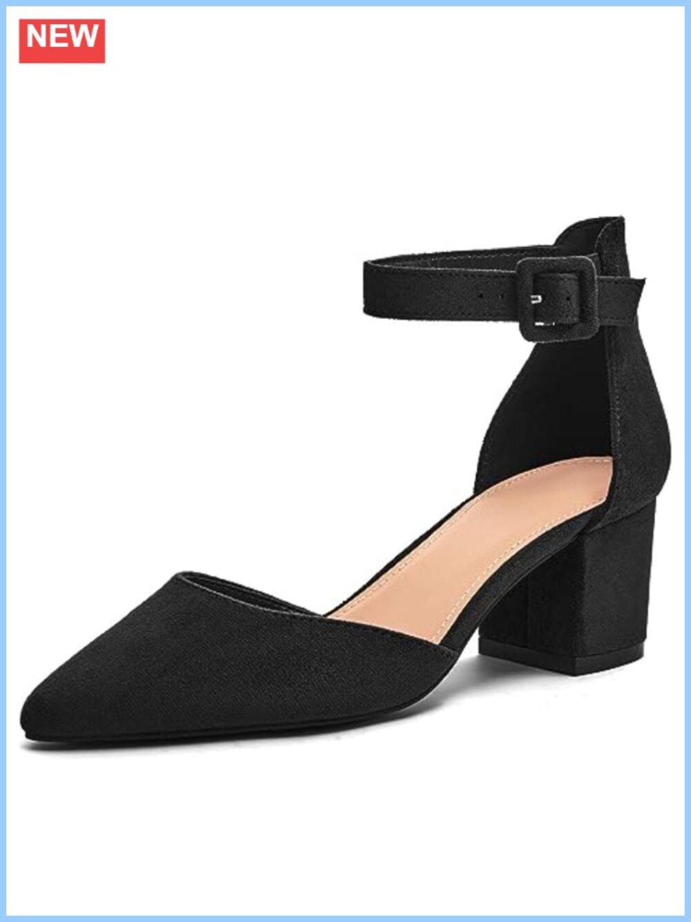 Women's Pointed Toe Pumps Ankle Strap Buckle Chunky Block Heel Dress D'Orsay